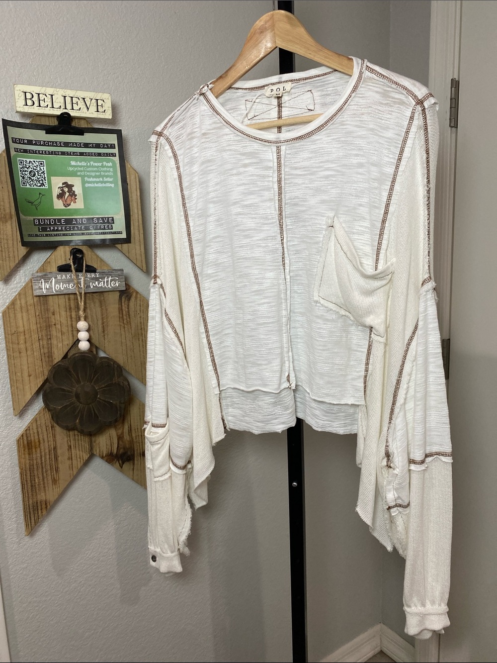 POL Cream Slub-Knit Raw-Edge Pocket Sweatshirt with Tan Contrast Seams OVERSIZED